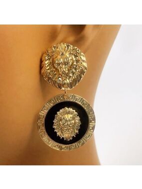 Lion Head Gold Plated & Black Enamel Gorgeous Designer Inspired Earrings